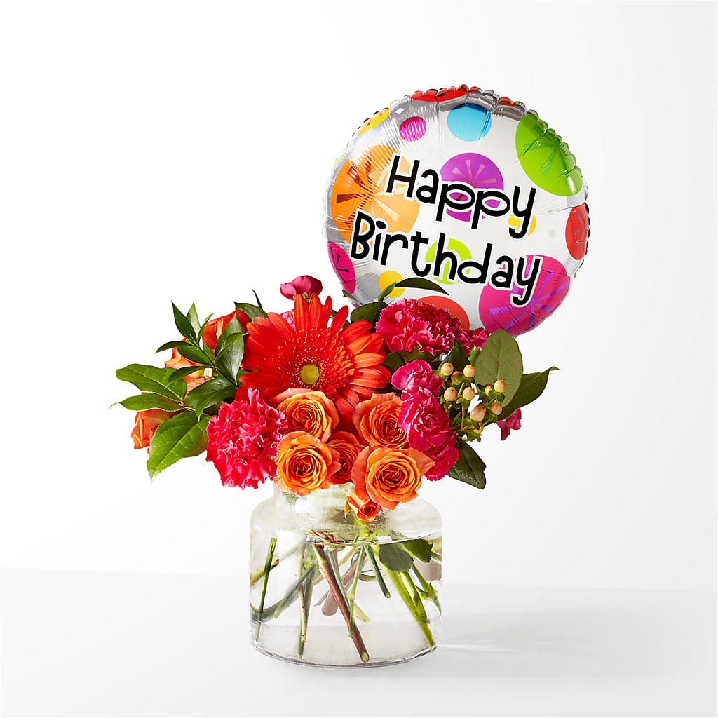 Fiesta Bouquet with Birthday Balloon – Blossom Shop, Traverse City MI
