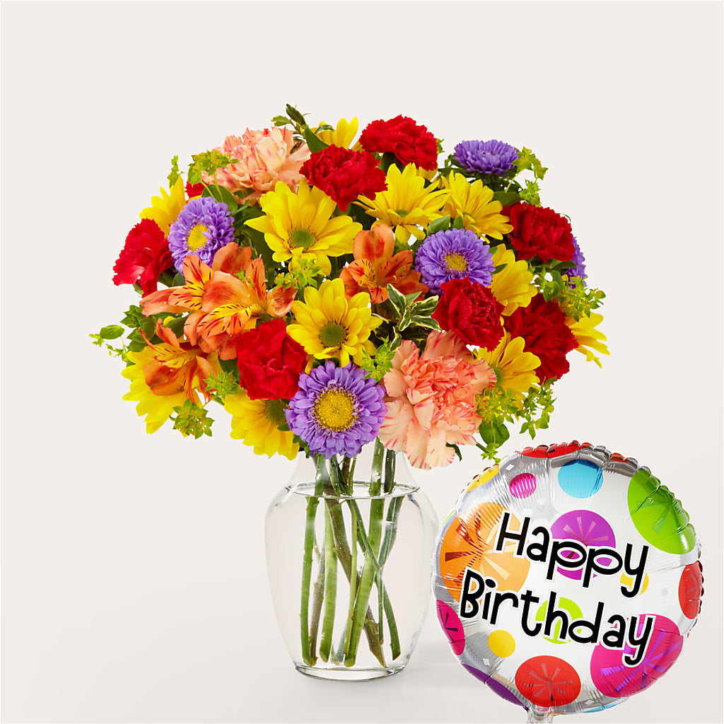 Kaleidoscope Bouquet with Birthday Balloon – Blossom Shop, Traverse City MI