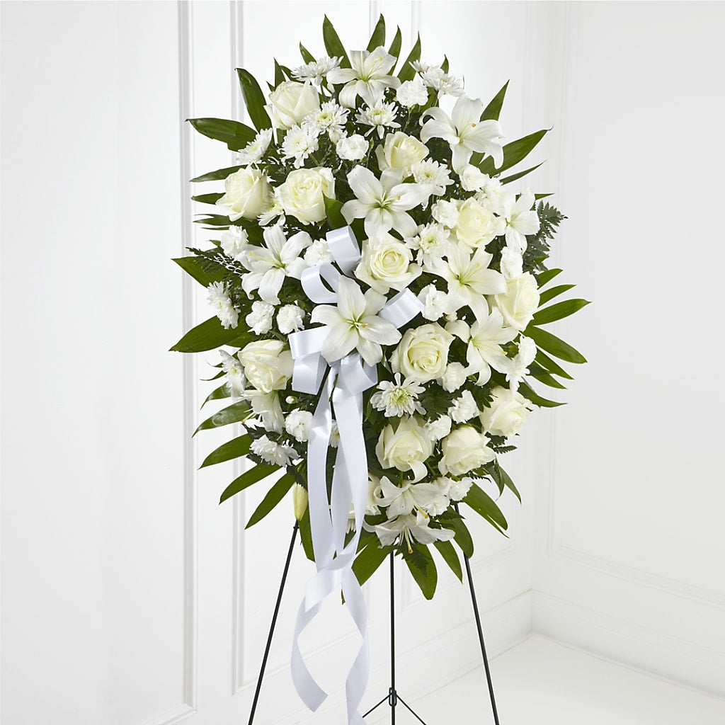 Exquisite Tribute Standing Spray-White Ribbon – Blossom Shop, Traverse City MI
